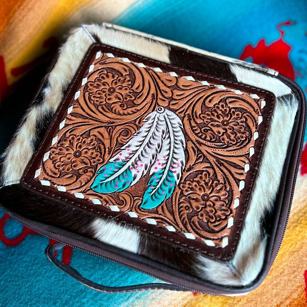 Cowhide Tooled Leather Travel Jewelry Case